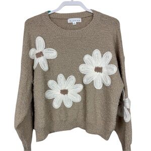 Threaded leaf Tan Floral Patterned Women's oversized Sweater S